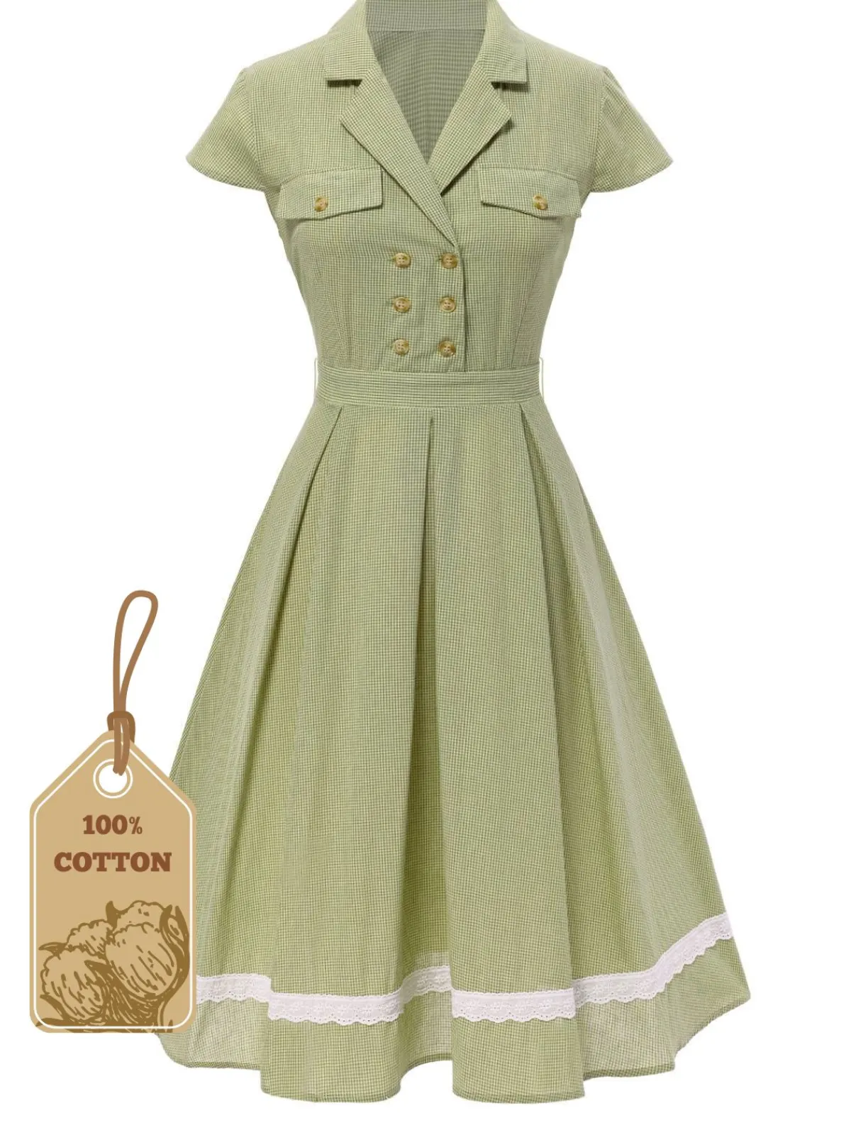 Outlet Retro Stage 1940s Lace Plaid Cotton Patchwork Dress Green