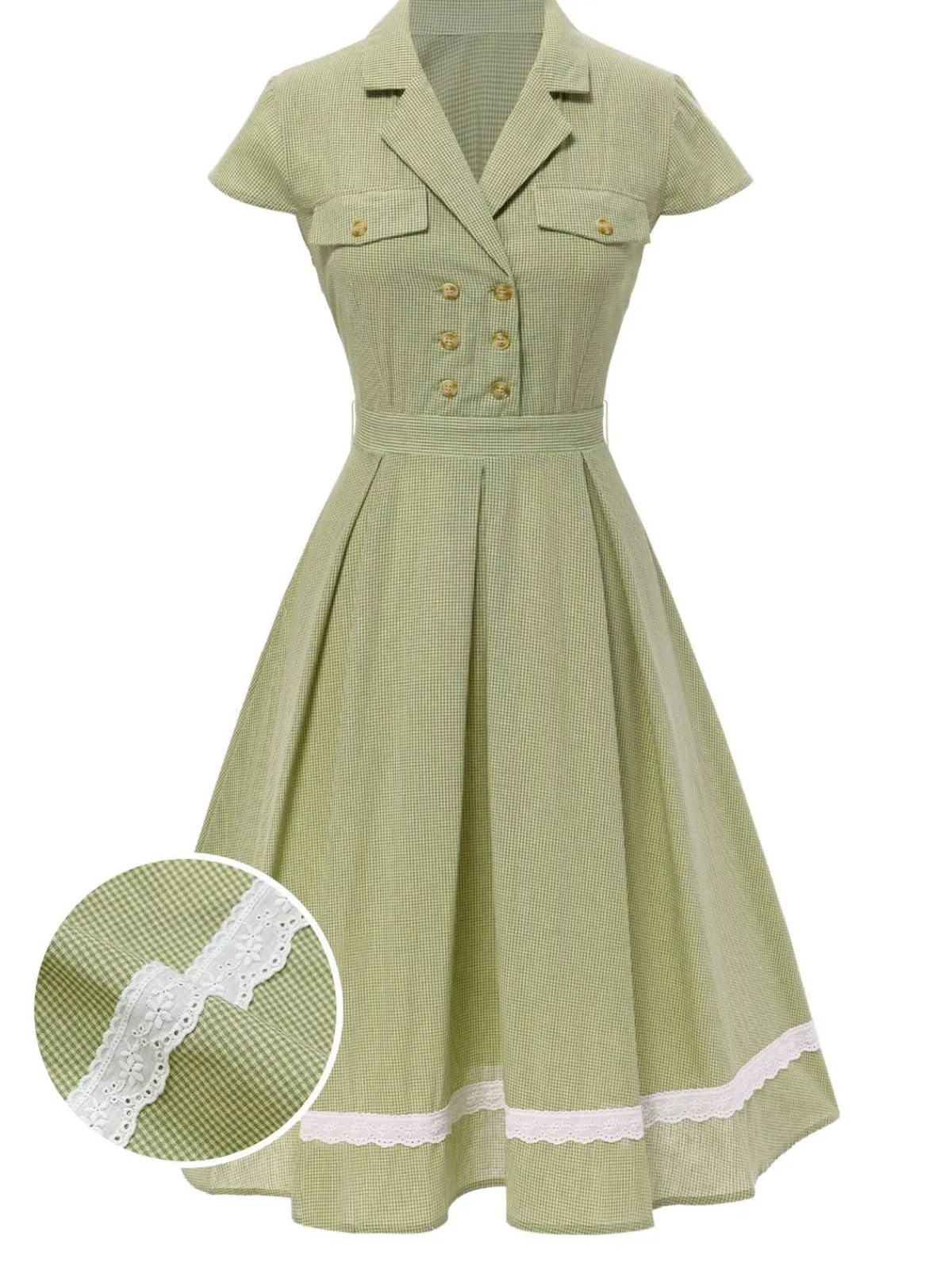 Outlet Retro Stage 1940s Lace Plaid Cotton Patchwork Dress Green