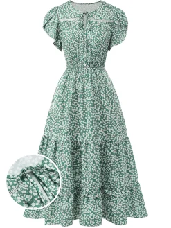 Best Retro Stage 1950s Lace-Up Collar Ditsy Floral Dress Green