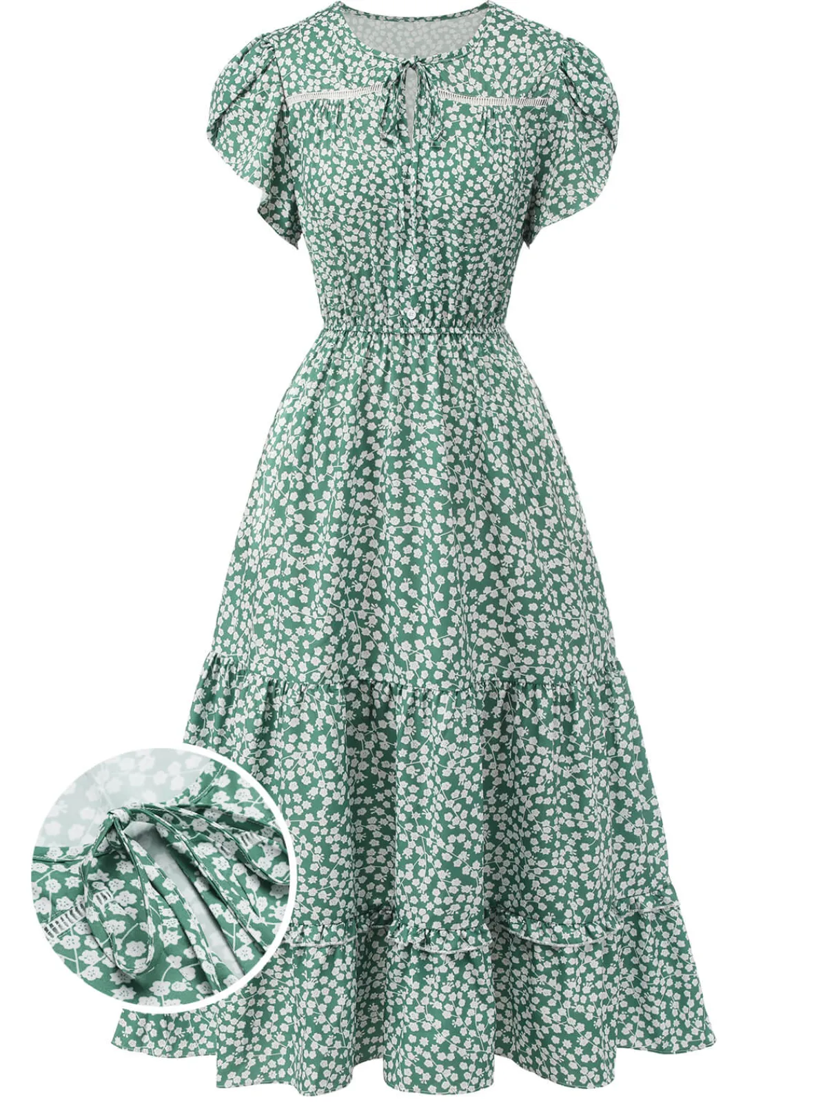 Best Retro Stage 1950s Lace-Up Collar Ditsy Floral Dress Green