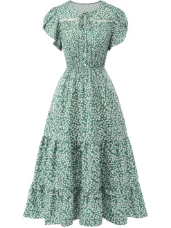 Best Retro Stage 1950s Lace-Up Collar Ditsy Floral Dress Green