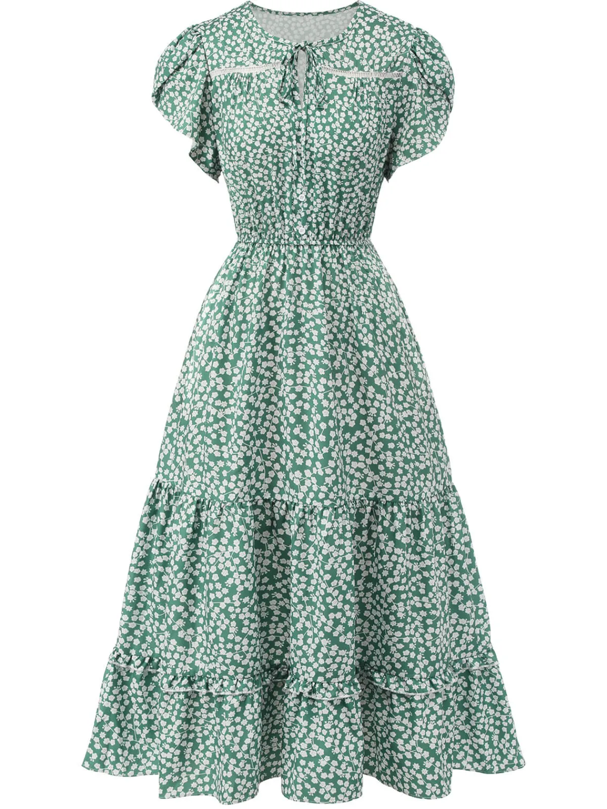 Best Retro Stage 1950s Lace-Up Collar Ditsy Floral Dress Green