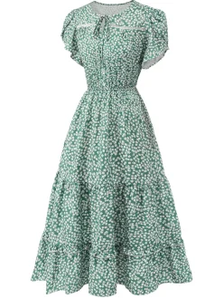 Best Retro Stage 1950s Lace-Up Collar Ditsy Floral Dress Green