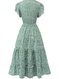 Best Retro Stage 1950s Lace-Up Collar Ditsy Floral Dress Green