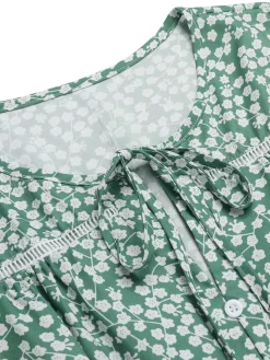 Best Retro Stage 1950s Lace-Up Collar Ditsy Floral Dress Green