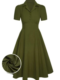 Discount Retro Stage Green 1940s Lapel Buttoned Solid Dress Army Green