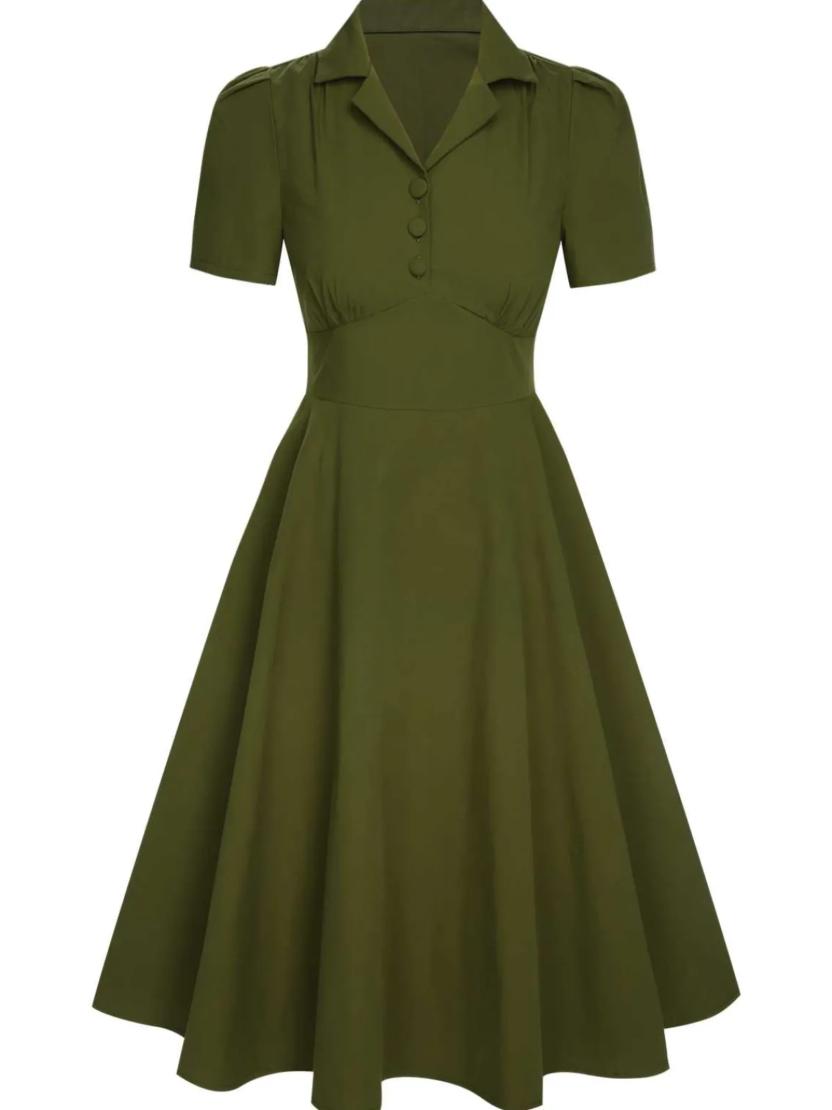 Discount Retro Stage Green 1940s Lapel Buttoned Solid Dress Army Green