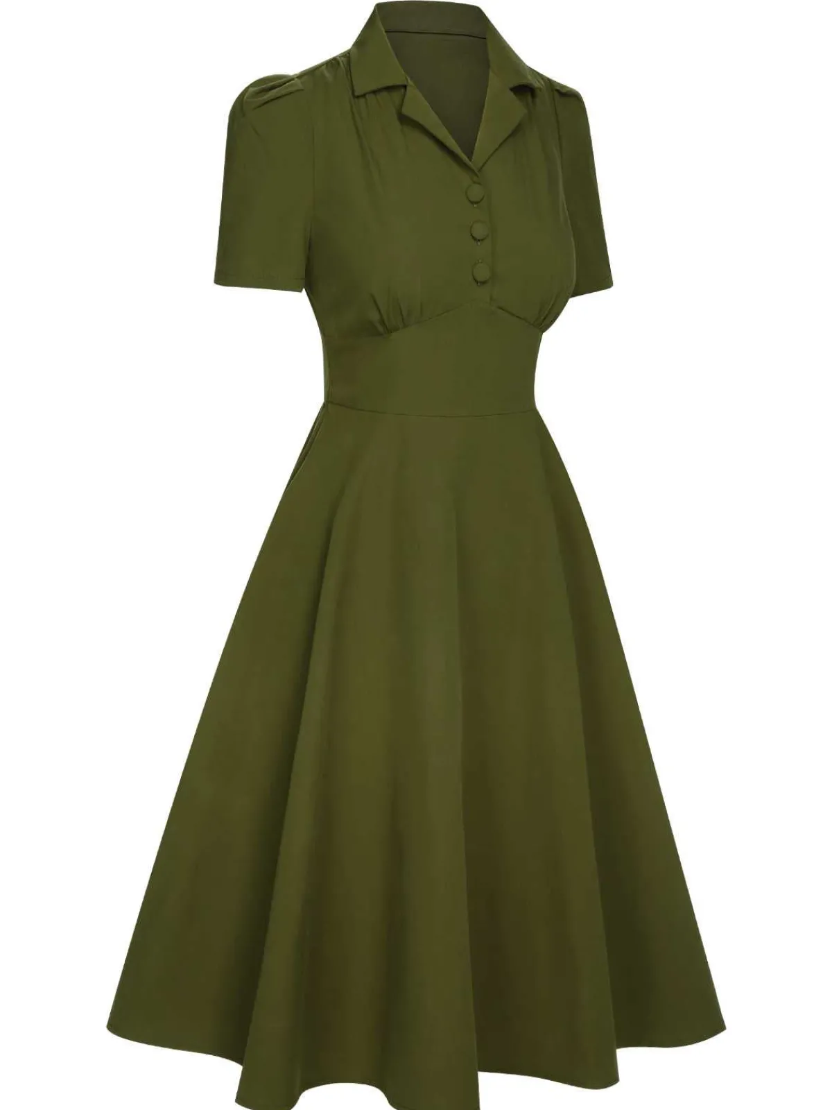 Discount Retro Stage Green 1940s Lapel Buttoned Solid Dress Army Green