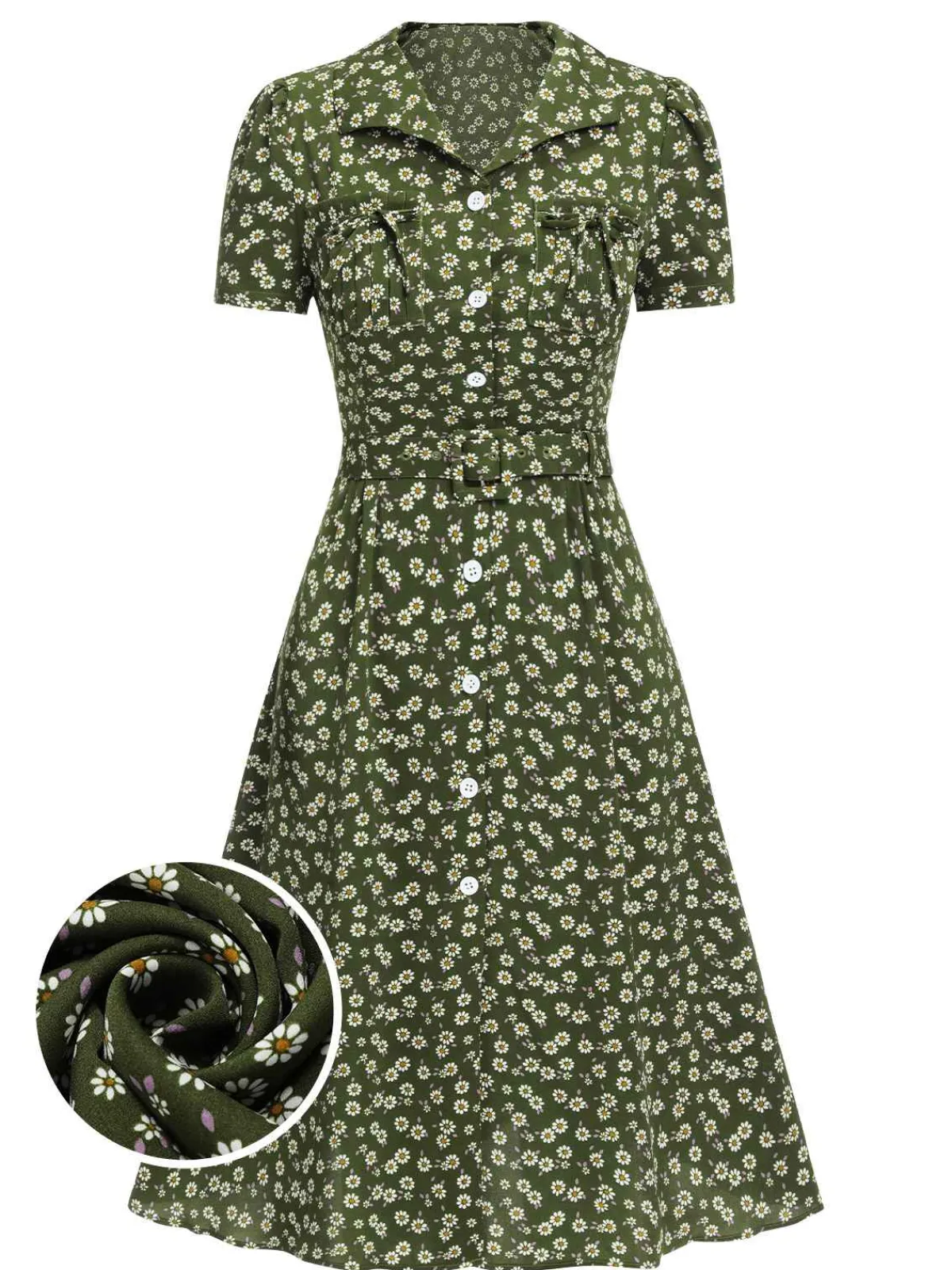 Sale Retro Stage Green 1940s Lapel Buttons Ditsy Floral Dress