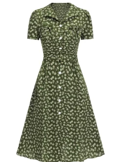 Sale Retro Stage Green 1940s Lapel Buttons Ditsy Floral Dress