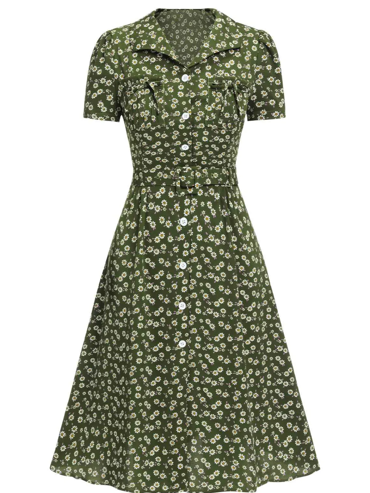 Sale Retro Stage Green 1940s Lapel Buttons Ditsy Floral Dress