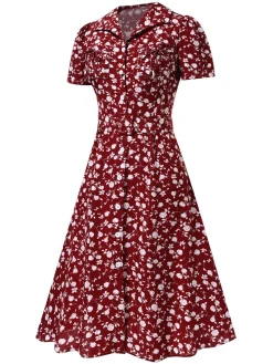 Sale Retro Stage Green 1940s Lapel Buttons Ditsy Floral Dress