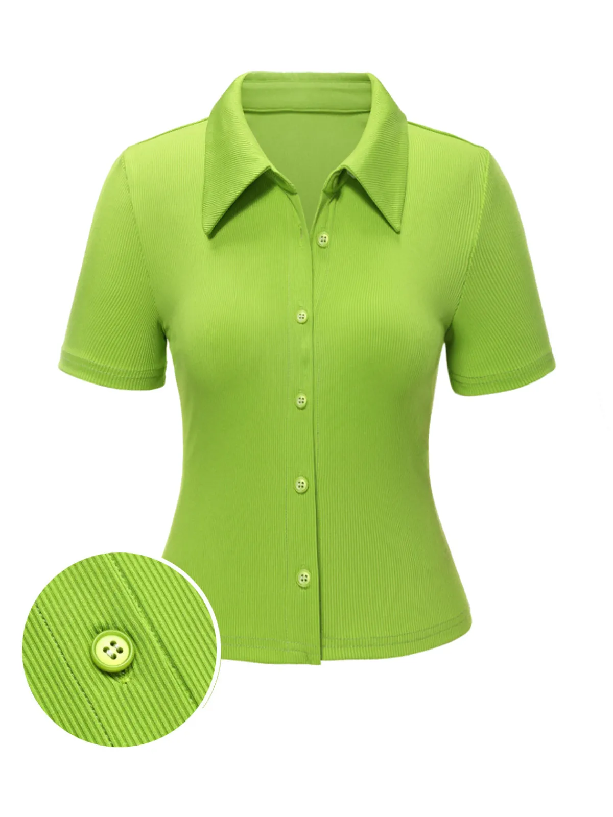 Outlet Retro Stage 1960s Lapel Knitted Solid Blouse Green