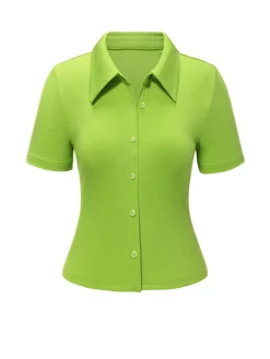 Outlet Retro Stage 1960s Lapel Knitted Solid Blouse Green
