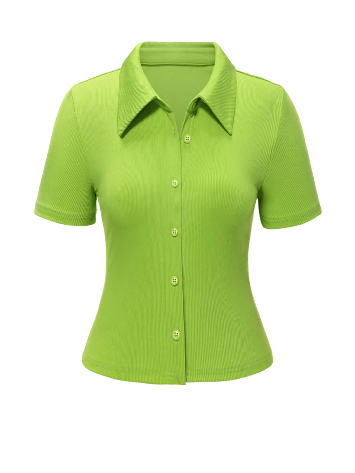 Outlet Retro Stage 1960s Lapel Knitted Solid Blouse Green