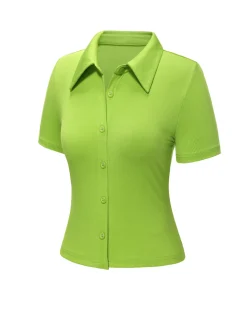 Outlet Retro Stage 1960s Lapel Knitted Solid Blouse Green