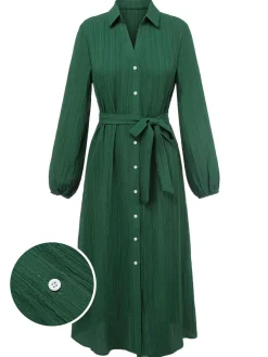 New Retro Stage 1960s Lapel Loose Belted Dress Green