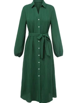 New Retro Stage 1960s Lapel Loose Belted Dress Green