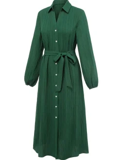 New Retro Stage 1960s Lapel Loose Belted Dress Green