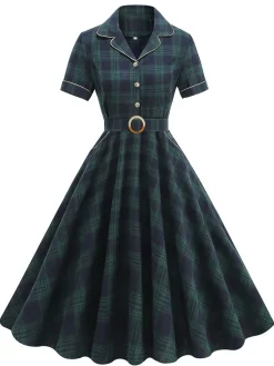 Best Retro Stage 1950s Lapel Plaids Swing Dress Green
