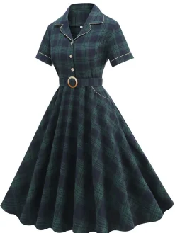 Best Retro Stage 1950s Lapel Plaids Swing Dress Green