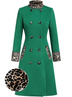 New Retro Stage 1940s Leopard Patchwork Button Coat Green
