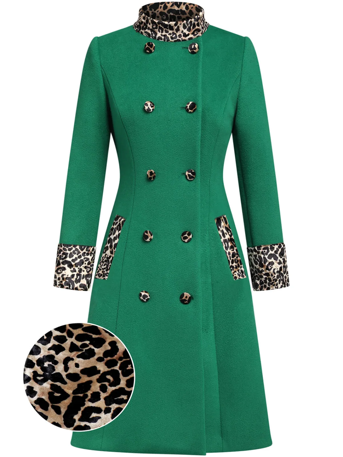 New Retro Stage 1940s Leopard Patchwork Button Coat Green