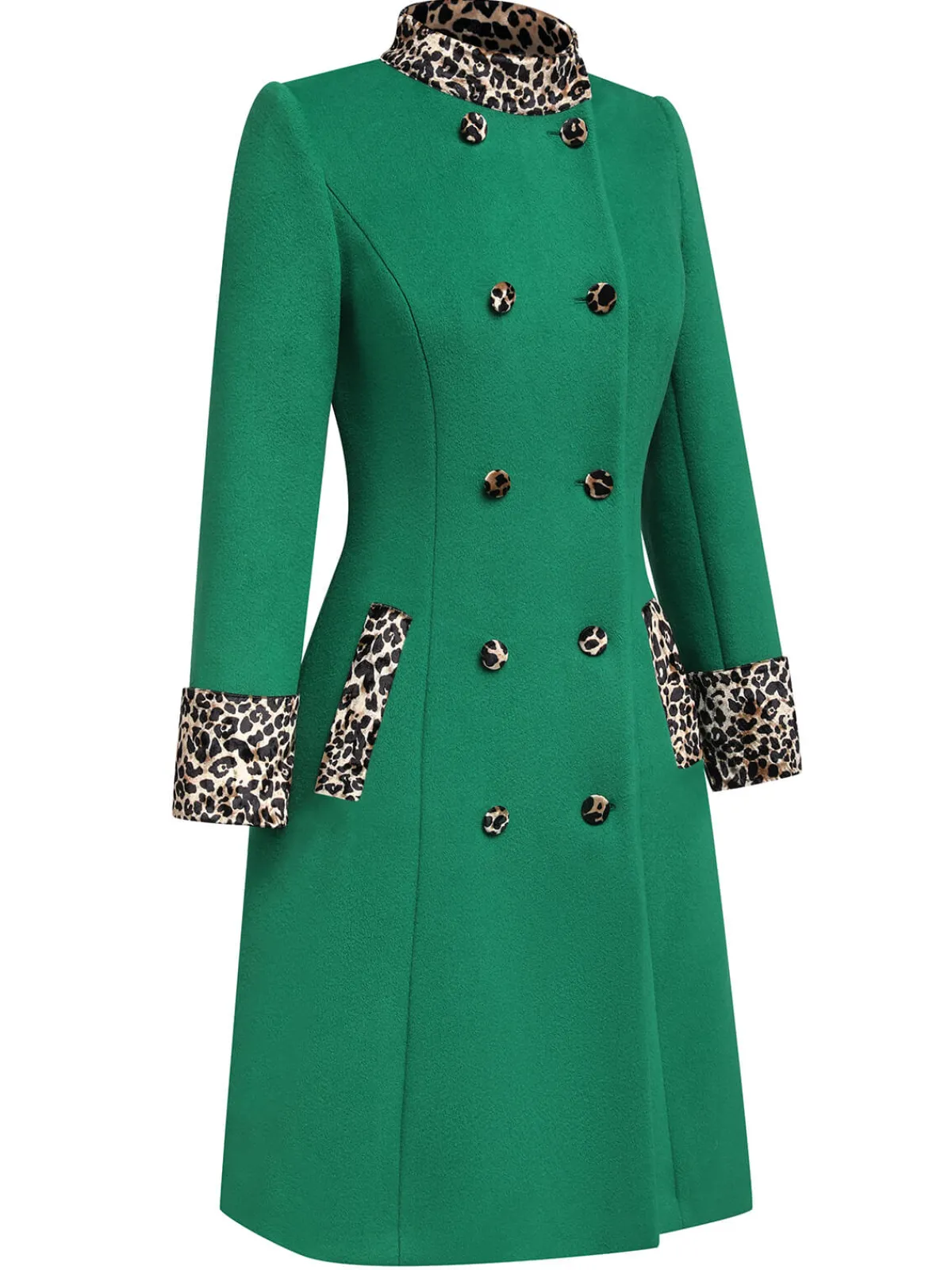 New Retro Stage 1940s Leopard Patchwork Button Coat Green