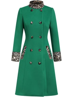 New Retro Stage 1940s Leopard Patchwork Button Coat Green