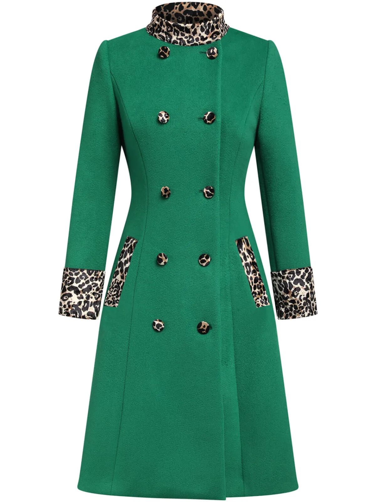 New Retro Stage 1940s Leopard Patchwork Button Coat Green