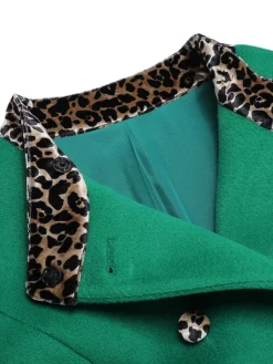 New Retro Stage 1940s Leopard Patchwork Button Coat Green