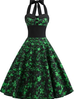 Online Retro Stage 1950s Lucky Clover Halter Patchwork Dress Green