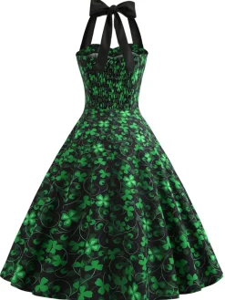 Online Retro Stage 1950s Lucky Clover Halter Patchwork Dress Green
