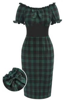 Outlet Retro Stage 1960s Off Shoulder Bow Tartan Pencil Dress Green