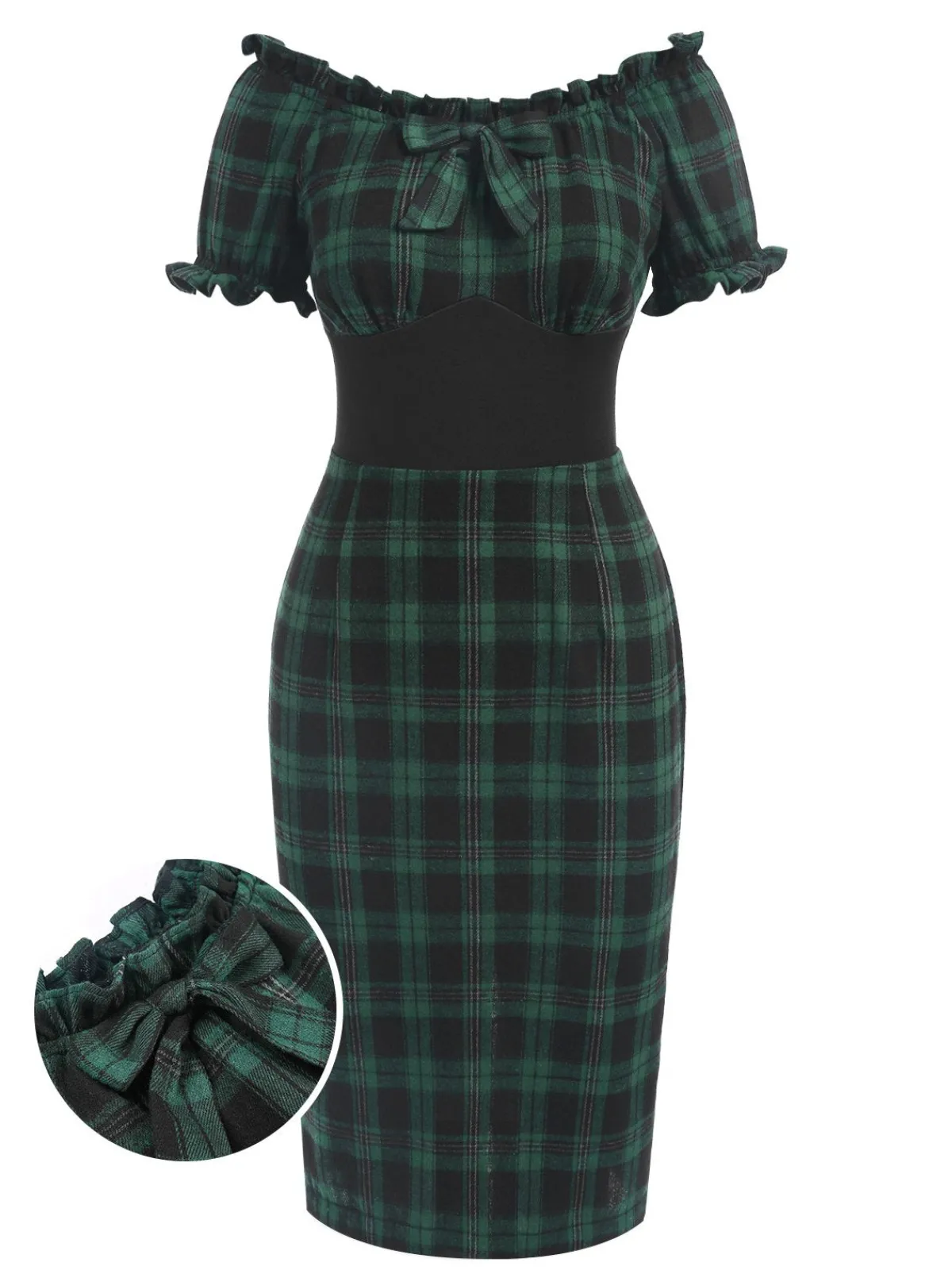 Outlet Retro Stage 1960s Off Shoulder Bow Tartan Pencil Dress Green