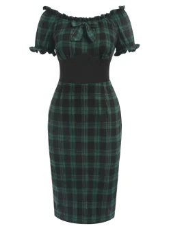 Outlet Retro Stage 1960s Off Shoulder Bow Tartan Pencil Dress Green
