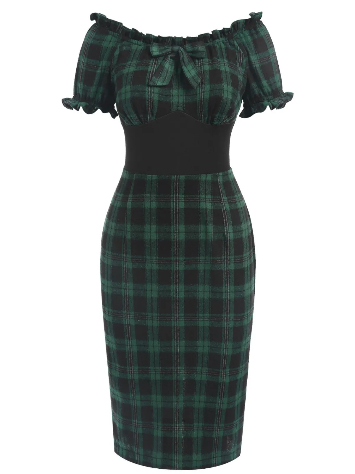 Outlet Retro Stage 1960s Off Shoulder Bow Tartan Pencil Dress Green