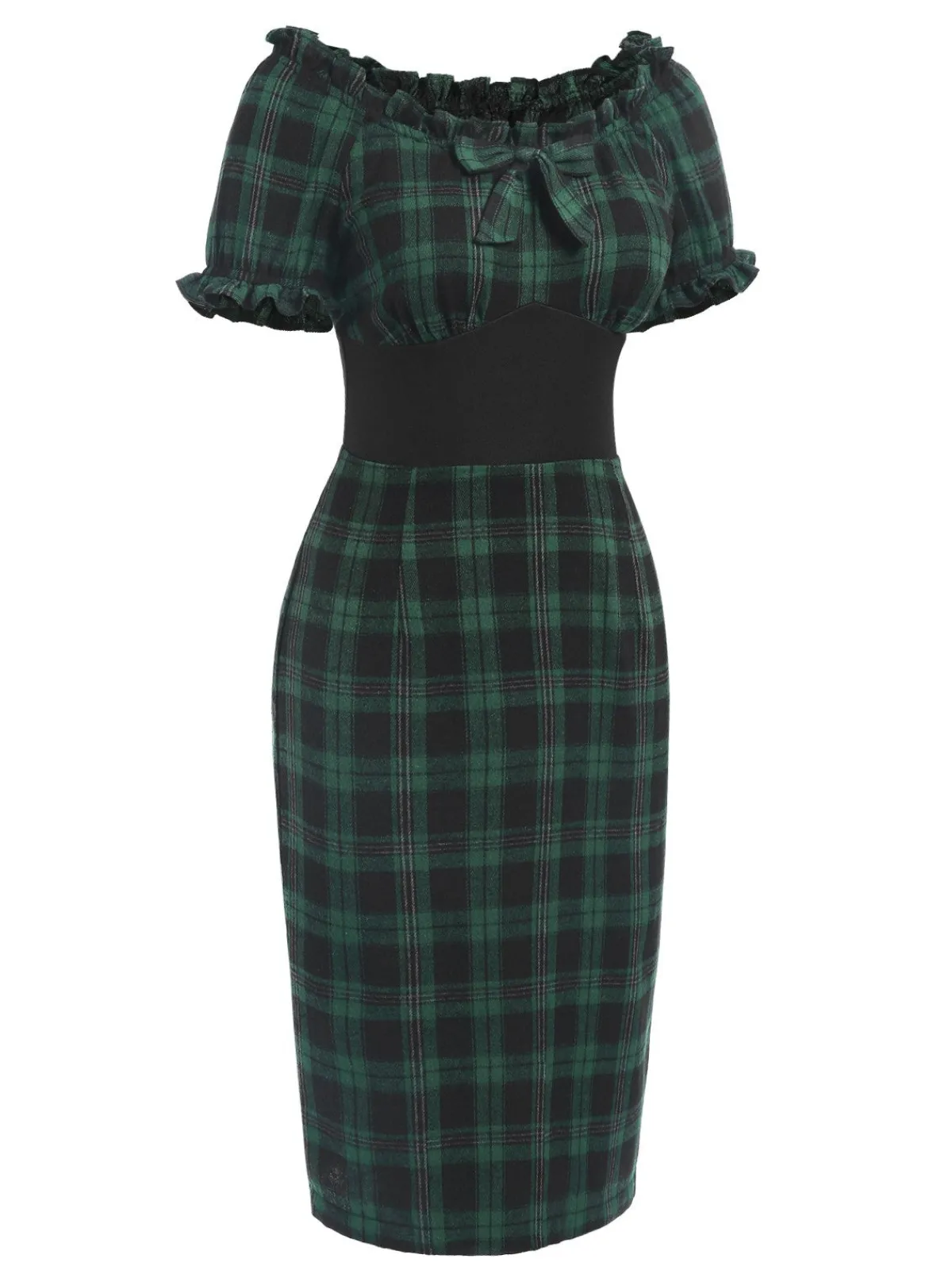 Outlet Retro Stage 1960s Off Shoulder Bow Tartan Pencil Dress Green