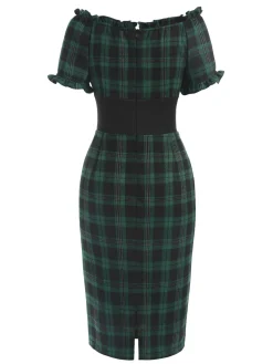 Outlet Retro Stage 1960s Off Shoulder Bow Tartan Pencil Dress Green
