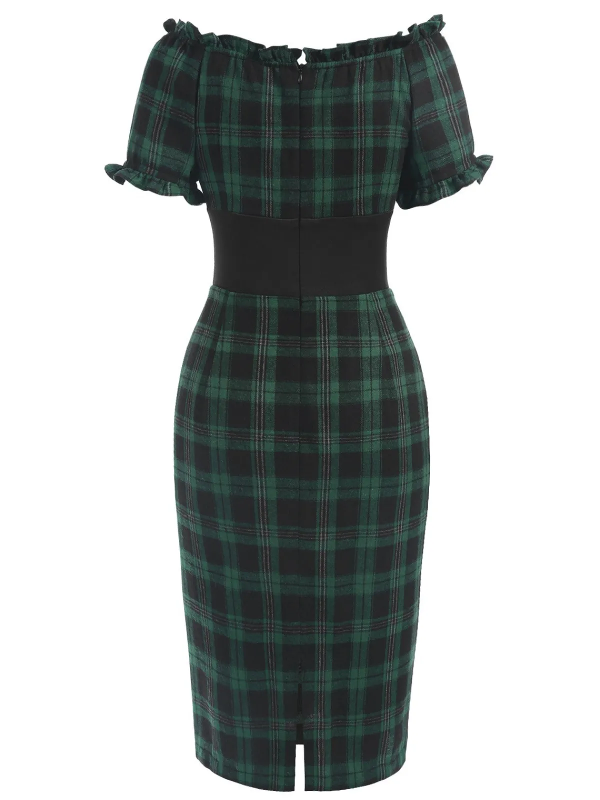 Outlet Retro Stage 1960s Off Shoulder Bow Tartan Pencil Dress Green
