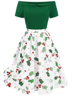 Hot Retro Stage 1950s Off-Shoulder Christmas Patchwork Dress Green