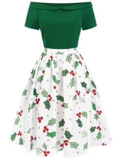 Hot Retro Stage 1950s Off-Shoulder Christmas Patchwork Dress Green