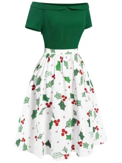 Hot Retro Stage 1950s Off-Shoulder Christmas Patchwork Dress Green
