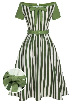 Online Retro Stage 1940s Off-Shoulder Stripes Bow Belted Dress Green