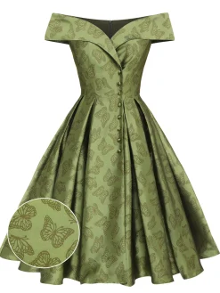 Online Retro Stage 1950s Off-Shoulder Vintage Dress Green