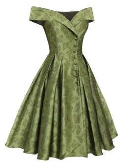 Online Retro Stage 1950s Off-Shoulder Vintage Dress Green