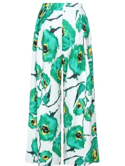 Discount Retro Stage 1970s Oil Painting Floral Wide-Leg Pants Green
