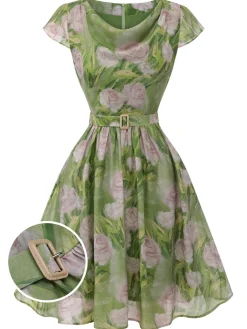 New Retro Stage 1960s Oil-Painting Rose Dress Green