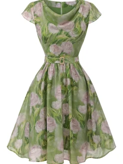 New Retro Stage 1960s Oil-Painting Rose Dress Green