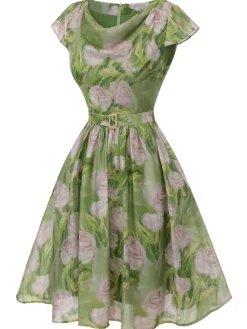 New Retro Stage 1960s Oil-Painting Rose Dress Green